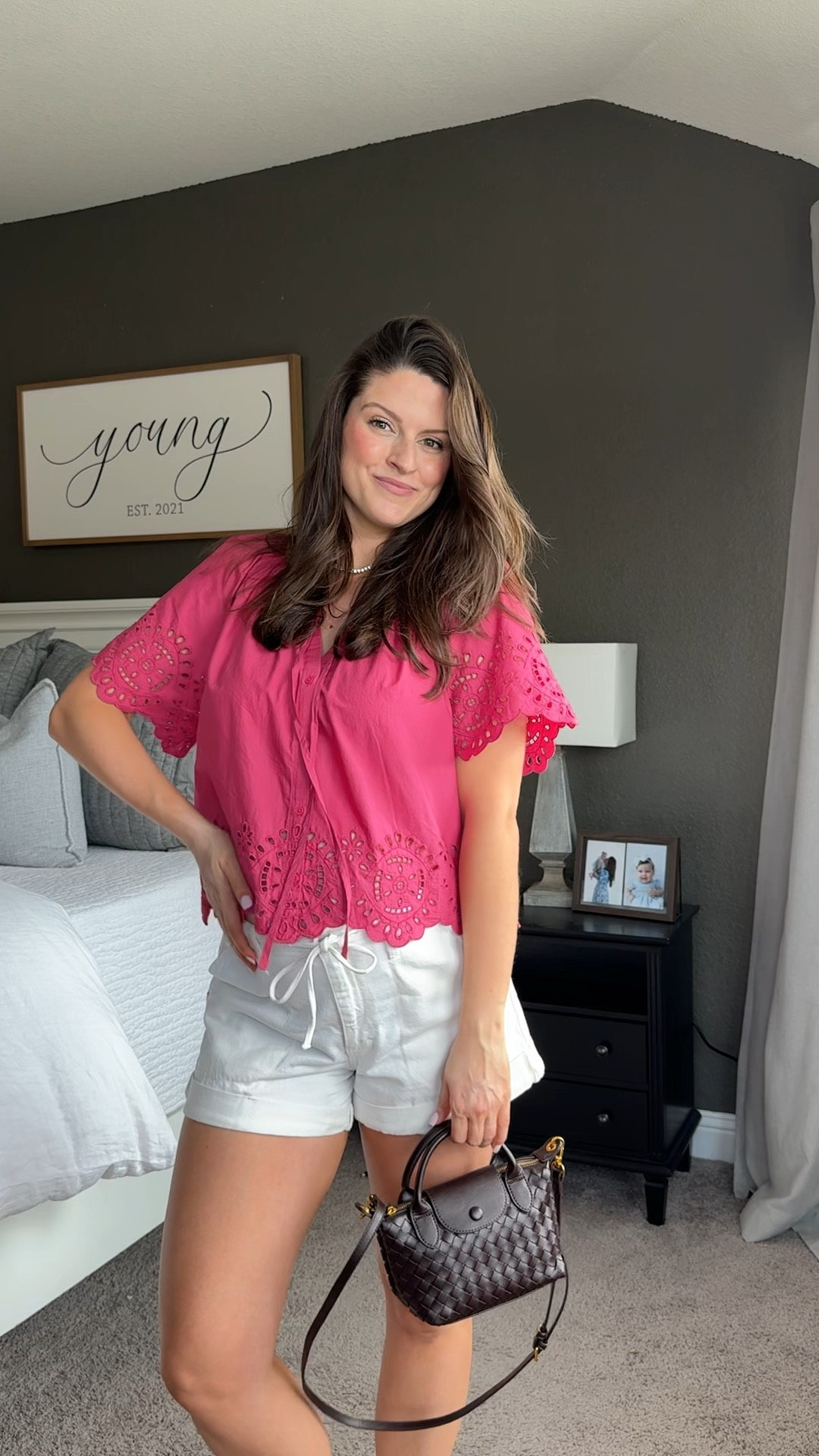 Cutie little spring OOTD 🎀✨ These shorts are an answered prayer! So cute and flattering but super stretchy and comfortable on the bump. 

Wearing a size 10 and will be able to loosen or tighten them as my body changes.  

 #LTKootd #LTKmomlife #LTKBump