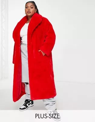 Ever New Curve oversized faux fur midi coat in pillarbox red | ASOS (Global)