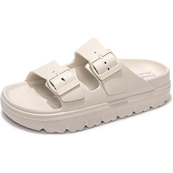 FUNKYMONKEY Women's Comfort Slides Double Buckle Adjustable Plastics Flat Sandals | Amazon (US)