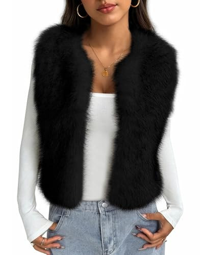 BTFBM Faux Fur Vest Women Fall Fashion 2025 Sleeveless Fuzzy Jacket Fluffy Coats Winter Clothing Furry Outerwear Vests(Black, Medium) | Amazon (US)