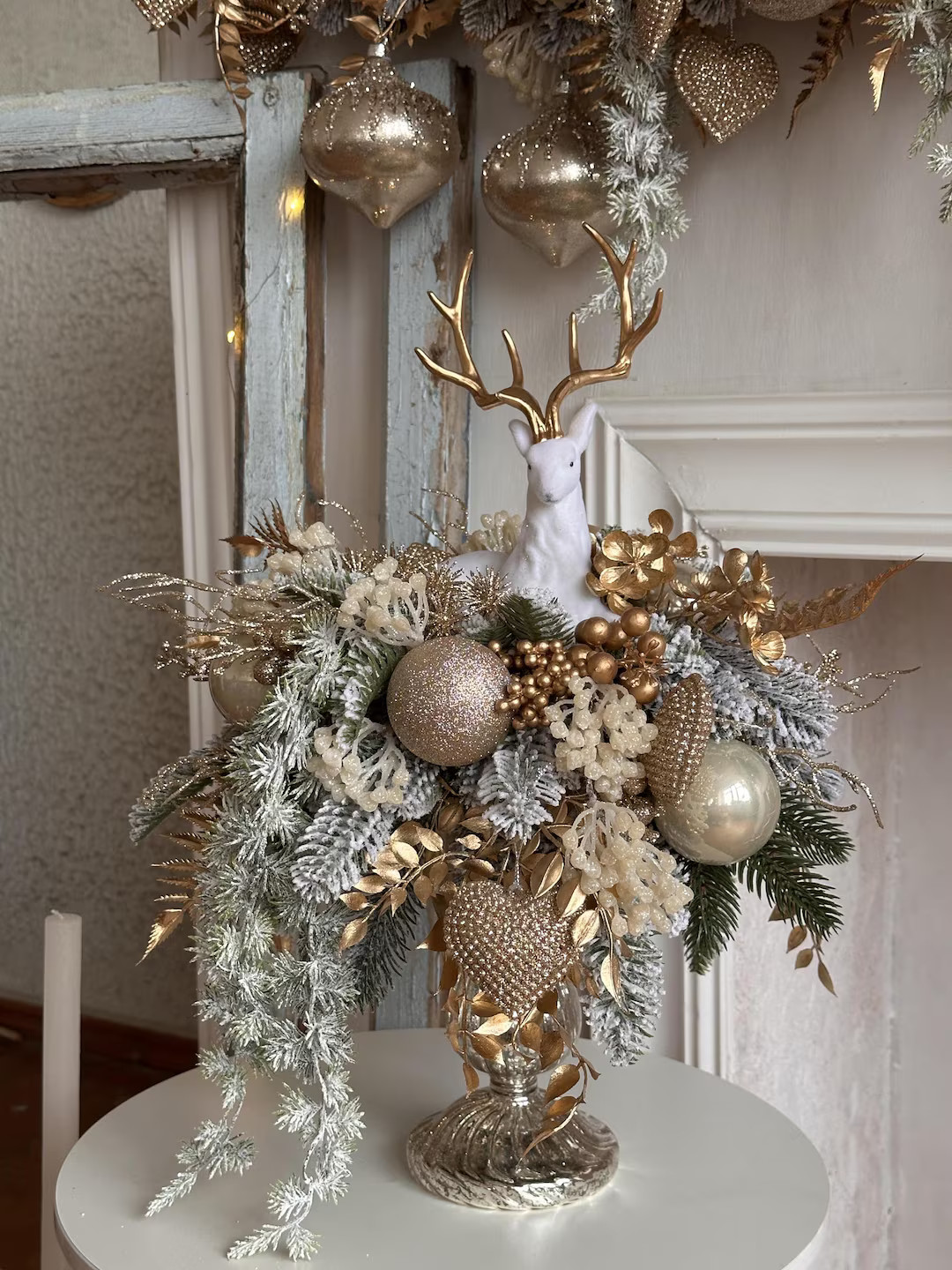 Luxury Christmas Centerpiece With Reindeer, Gold and White Holiday Floral Arrangement, Elegant Wi... | Etsy (US)