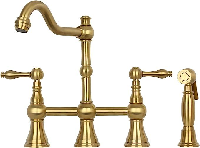 Brushed Gold Two-Handles Solid Brass Bridge Kitchen Faucet with Side Sprayer | Amazon (US)
