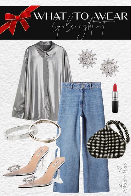 Glam girls night outfit idea 🪩🖤✨ Metallics are trending hot!! Satin shirt, clear rhinestone heels, crystal clutch, wide leg jeans & silver jewelry ✨🪩✨
Amazon fashion 
H&M 
Express fashion 
Holiday outfit idea 
Date night outfit inspo 

#LTKstyletip #LTKfindsunder50 #LTKHoliday
