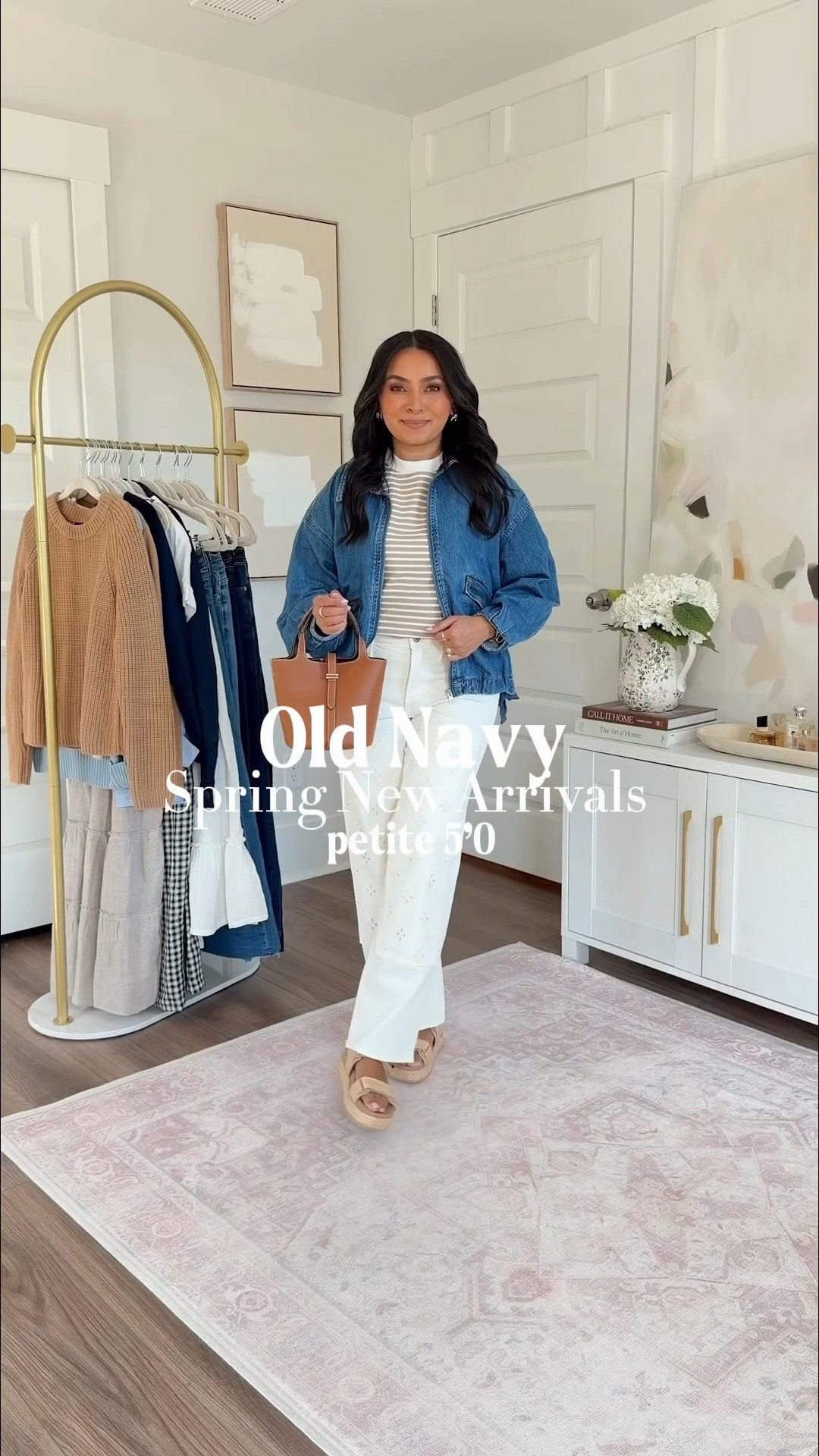 Old Navy Try on!
For reference: I’m 5’0, 32b bra size, and 2/26 in bottoms, pear shaped. 
*Everything I share is unaltered! TTS means true to size. Between size 5-6.5 in shoes

Earth brown stripe tee size xs petite TTS
Denim jacket size xs petite TTS
Ecru eyelet jeans size 2 petite TTS
Tan sandals size 5.5 TTS


Blue stripe midi shirt dress size xs petite TTS
Clear heels size 5 TTS


White tee size xs petite TTS
Light blue cardigan size small TTS
Blue floral jeans size 2 petite TTS
Sneakers size 6 TTS

Navy blue check dress size xs petite TTS
Red cardigan size small TTS
Clear heels size 5 TTS


Green top size xs petite TTS - this color is currently sold out but keep checking back for restocks!
White jeans size 2 petite TTS
Clear heels size 5 TTS



#LTKPetite #LTKSaleAlert #LTKootd