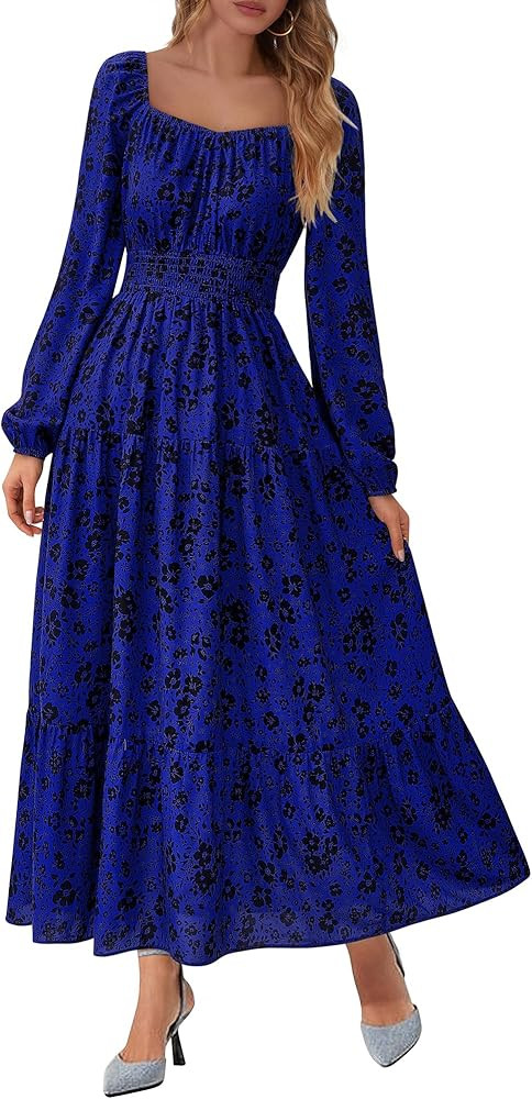 BTFBM Fall Dresses for Women 2025 Long Sleeve Boho Floral Empire Waist Square Neck Casual Flowy W... | Amazon (US)