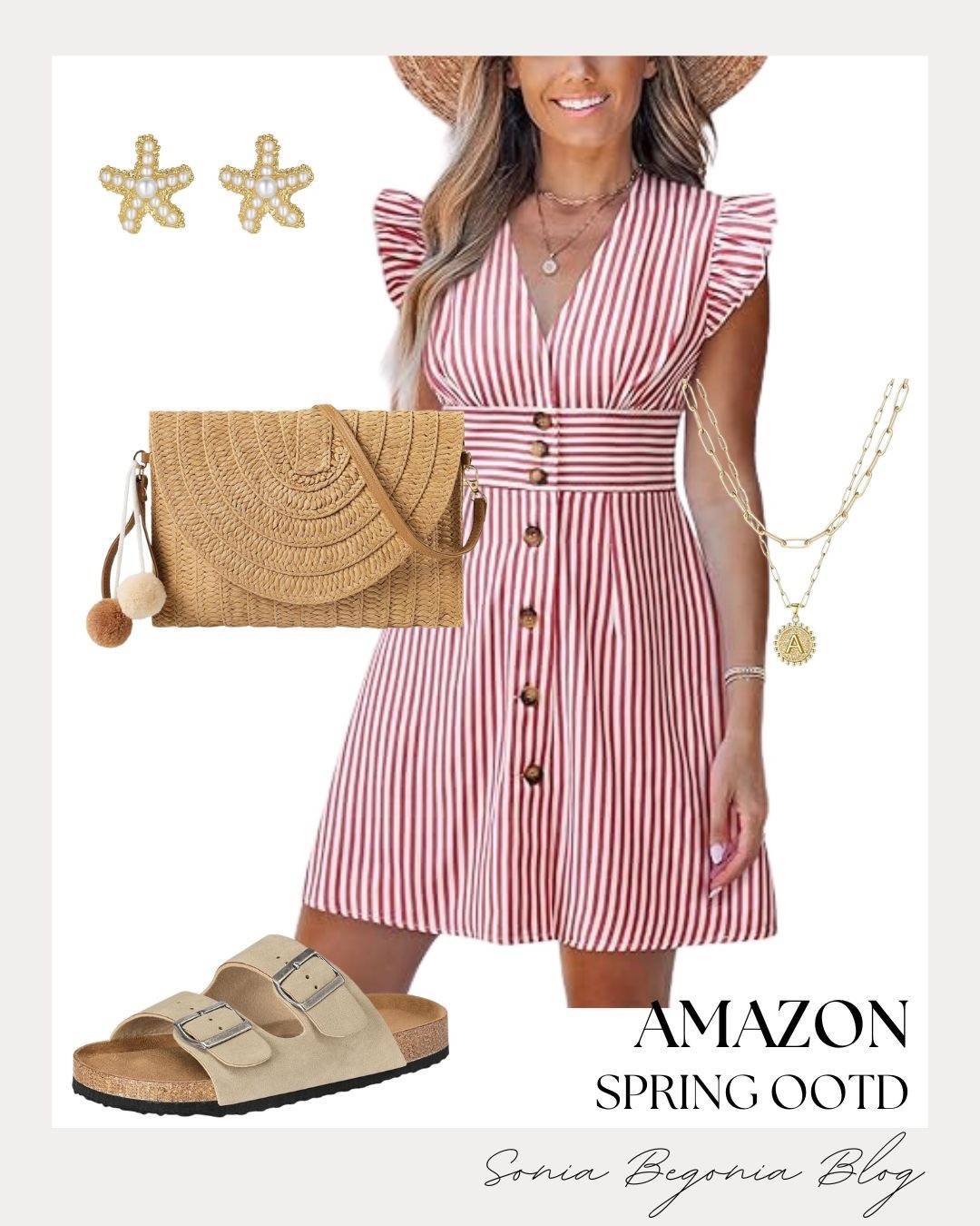 Amazon Red & White OOTD! 🍎

Embrace a classic, preppy vibe with this perfectly balanced spring look—all under $50 from Amazon! 💖

I am obsessed with the statement piece: a red and white vertical striped mini dress featuring a flattering button-down front and ruffle sleeves. I love balancing the bold pattern with natural, earthy accessories: a woven straw envelope clutch with cute pom-pom details and comfortable tan double-buckle slide sandals. Finish the look with gold starfish pearl studs and a layered initial pendant necklace for a touch of coastal glam!

#OOTD
#AmazonFashion
#SpringDress
#StripedDress
#AmazonFinds
#StrawBag
#SpringOOTD
#FeminineStyle
#EverydayChic
#LTKStyle
#CasualStyle
#VacationOutfit
#BudgetFriendly
#SummerReady
#StylingInspo

#LTKspring #LTKspringtrends #LTKootd
