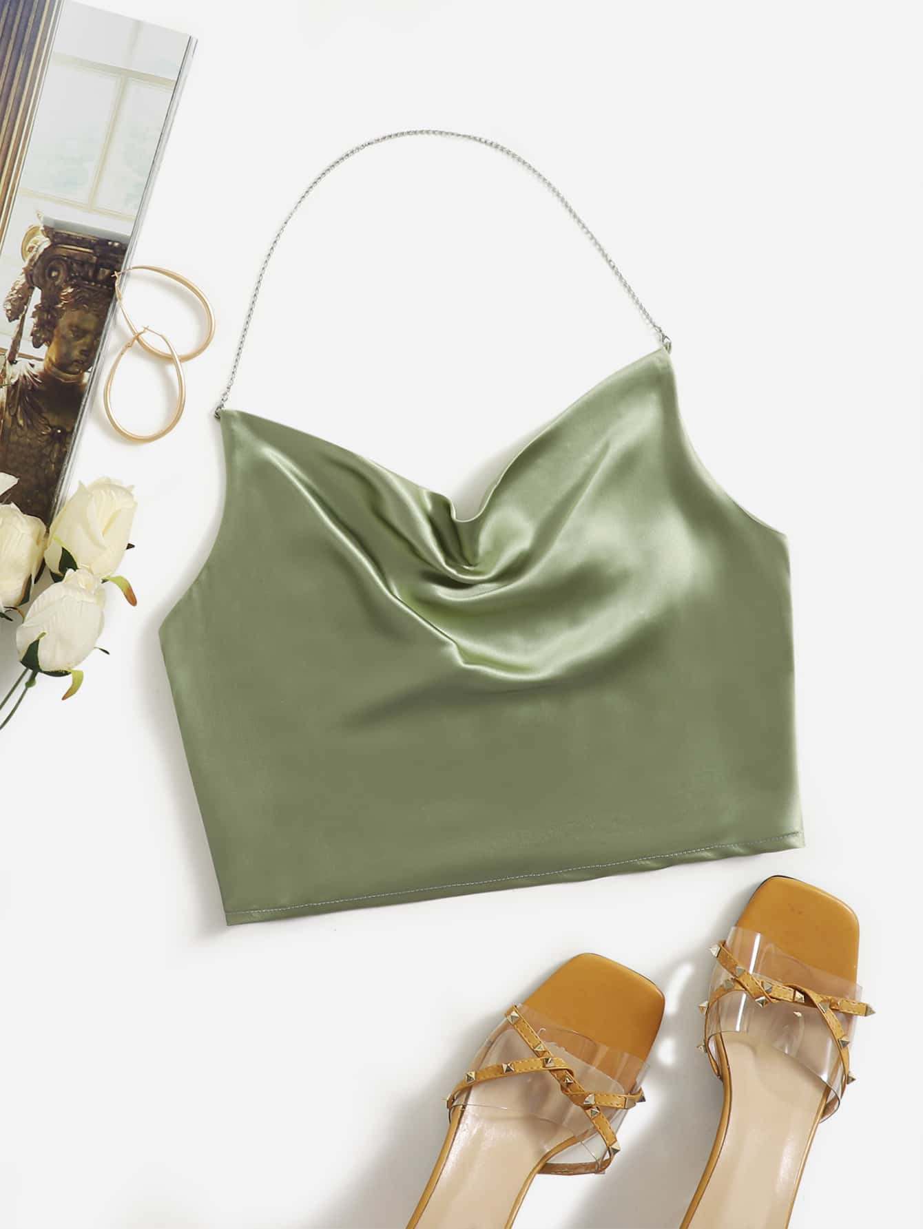 Satin Shirred Back Halter Top | SHEIN