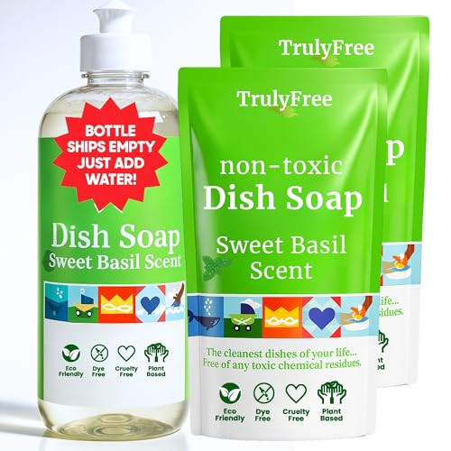 Truly Free Natural Concentrated Dish Detergent Dishwashing Liquid | Non Toxic Organic Plant-Based Dish Soap | Sweet Basil Fresh Scent | 2 Refill Packs with 1 Empty Refillable Squeeze Bottle (16 Oz) | Amazon (US)