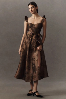 V. Chapman Vera Ruffle-Strap Corset Side-Slit Midi Dress | Anthropologie (US)