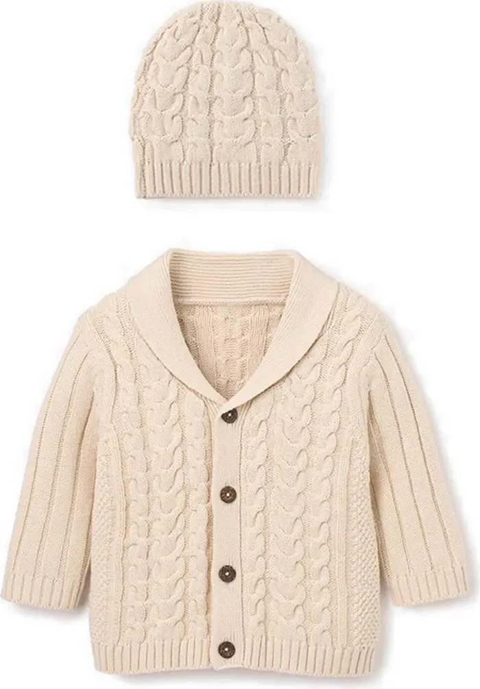 Horseshoe Cable Knit Cotton Cardigan & Hat Set | Nordstrom