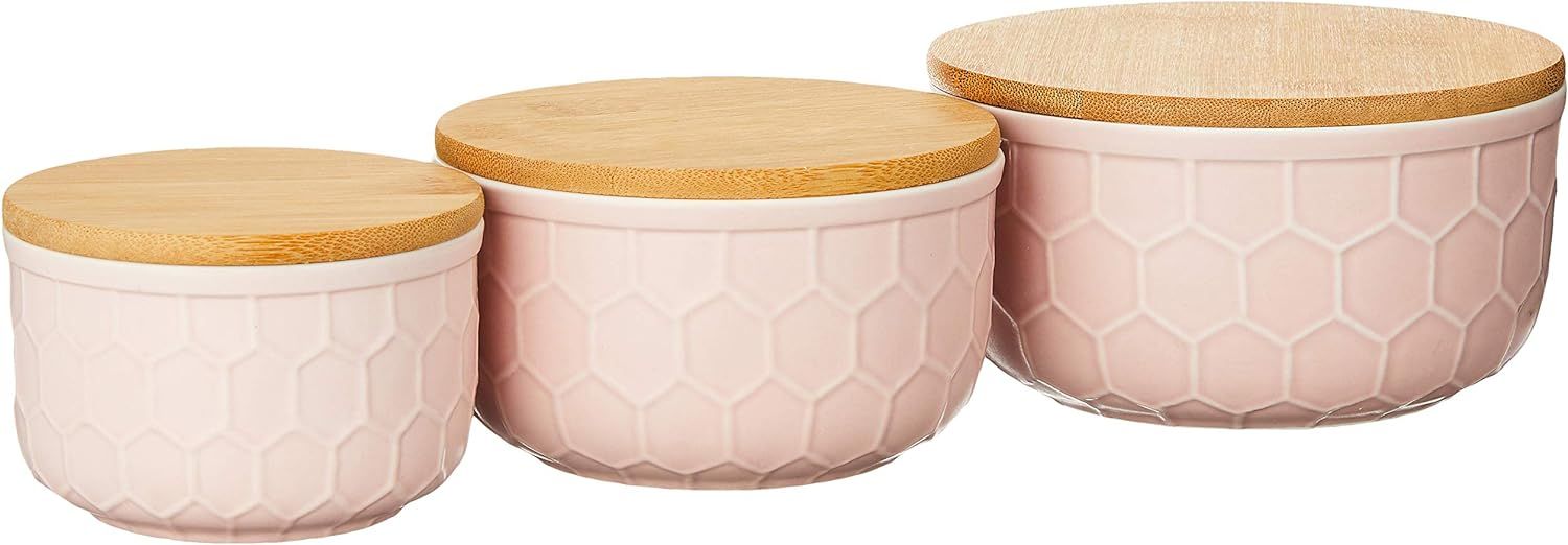 Bloomingville Set of 3 Round Pink Stoneware Bowls with Bamboo Lids | Amazon (US)