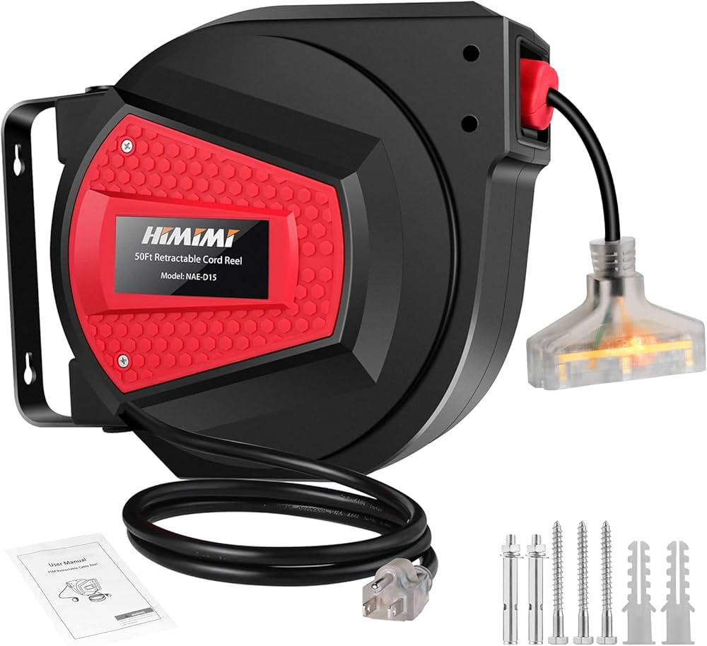 50FT Retractable Extension Cord Reel, 14AWG/3C Power Cord Reel for Garage Workshop, Wall/Ceiling ... | Amazon (US)