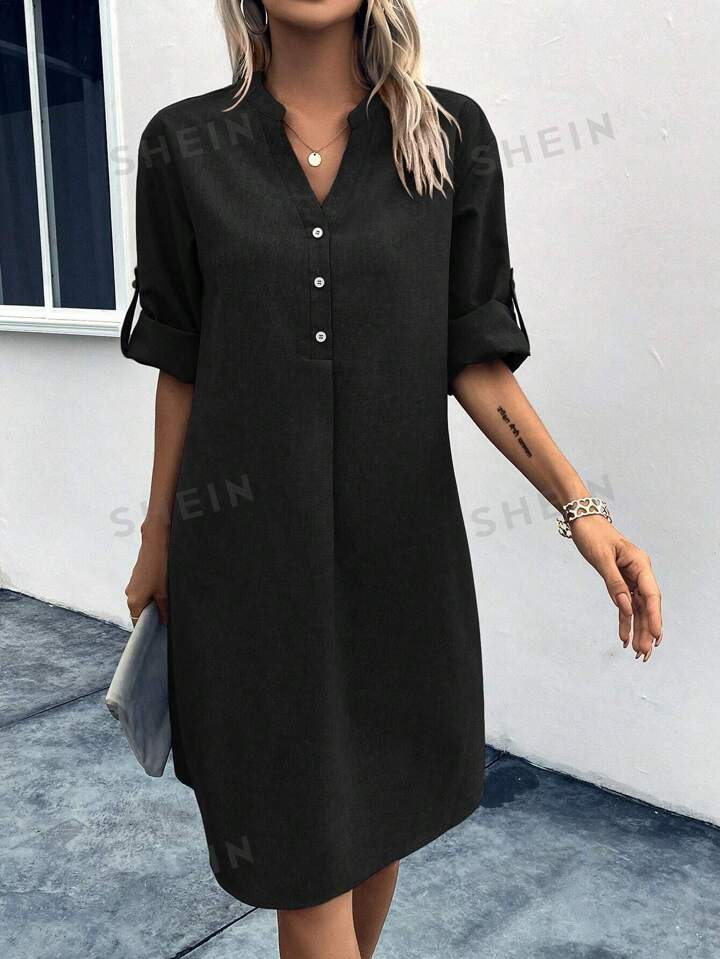 EMERY ROSE Solid Half Button Roll Up Sleeve Tunic Dress | SHEIN USA | SHEIN