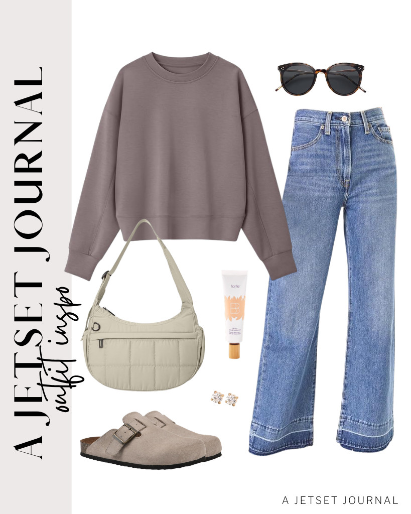 The next outfit is a flattering combination of a taupe sweatshirt and high-waist denim. Style with WHITE MOUNTAIN comfort clogs and a small puffer shoulder bag. Finish the look with trendy SOJOS sunnies. 

 #LTKSeasonal #LTKSaleAlert #LTKTravel