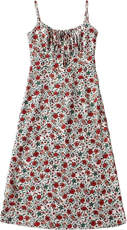 Omoone Womens Floral Dress Low-Cut Square Neck Spaghetti Strap Tie Bodycorn 90s Y2k Sun Dresses | Amazon (US)