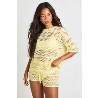 boohoo Women's Beach Crochet Oversized Knitted Top & Knicker Short Set in Lemon | Size: Small | boohoo (US & Canada)