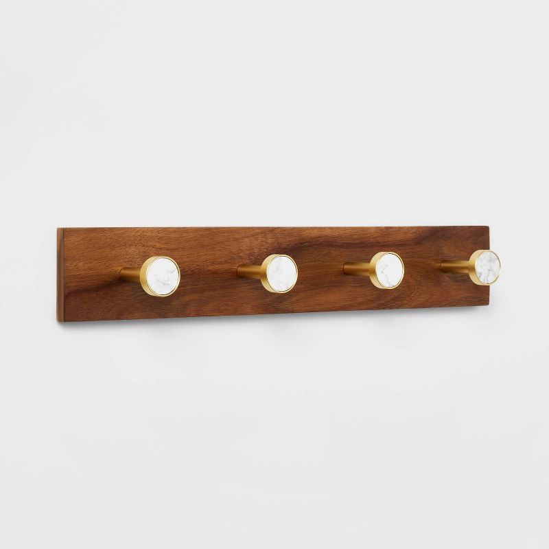 Metal and Faux Marble 4 Gold Hooks Rail on Acacia Wood - Threshold™ | Target