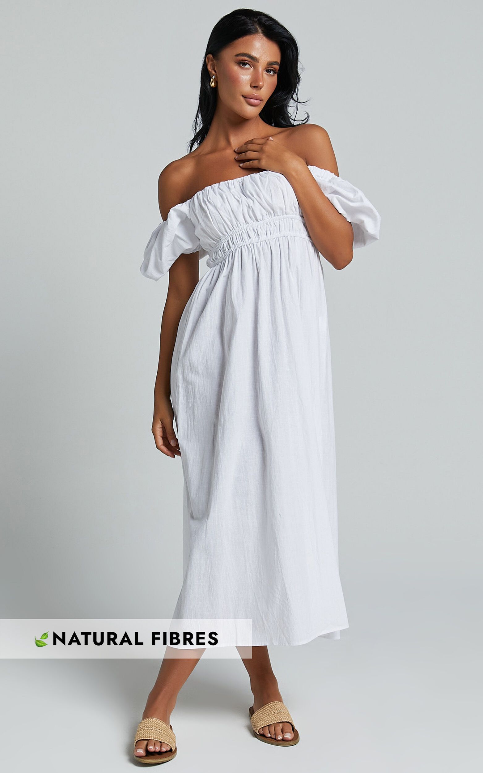 Jovanie Midi Dress - Square Neck Short Puff Sleeve Elasticated Waist Thigh Split Dress in White | Showpo (US, UK & Europe)