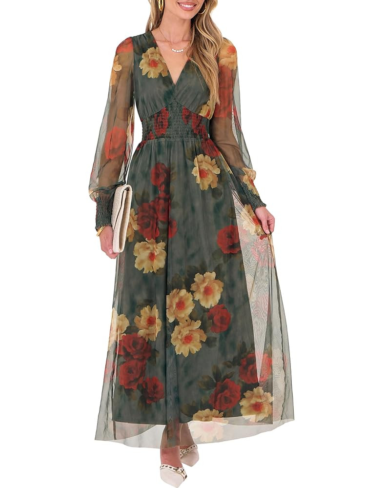 ANRABESS Women's Floral Maxi Dress 2025 Fall V Neck Puff Long Sleeve Flowy Casual Wedding Guest T... | Amazon (US)