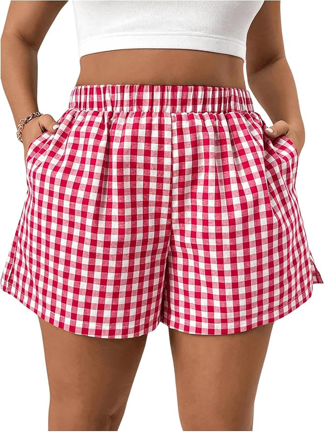 Floerns Women's Plus Size Gingham Plaid Elastic Waist Wide Leg Track Shorts with Pockets | Amazon (US)