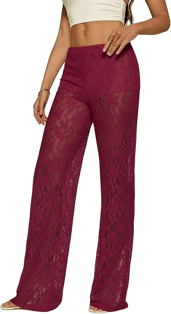 Women's Y2K Floral Lace See Through Pants Sheer Straight Leg Long Pants Club Wear | Amazon (US)