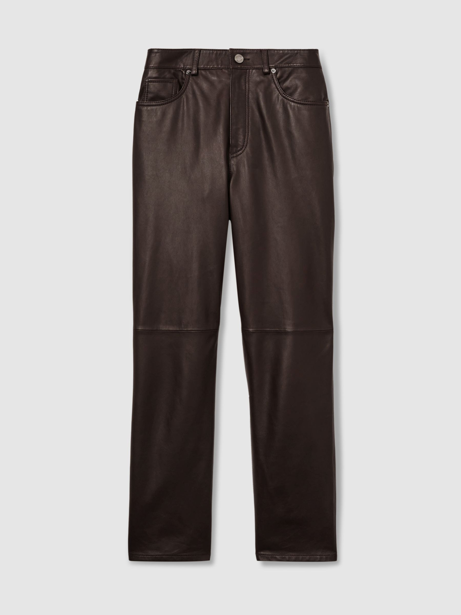 Petite Leather Slim-Leg Trousers in Chocolate | Reiss UK