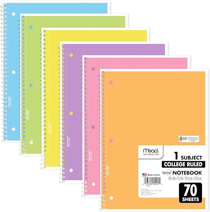 Mead Spiral Notebook, 6 Pack of 1-Subject College Ruled Spiral Bound , Pastel Color Cute school N... | Amazon (US)
