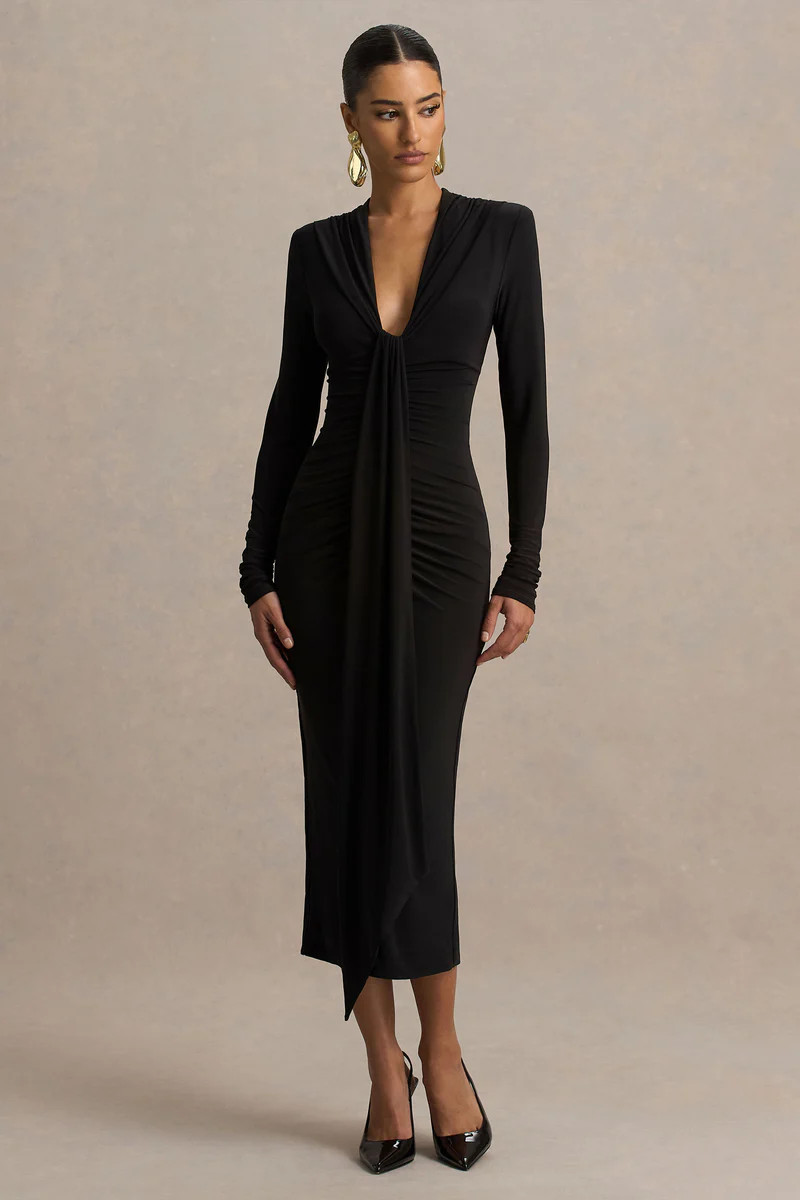 Ivara  Black Plunge-Neck Midi Dress With Ruched Detailing And Sash | Club L London
