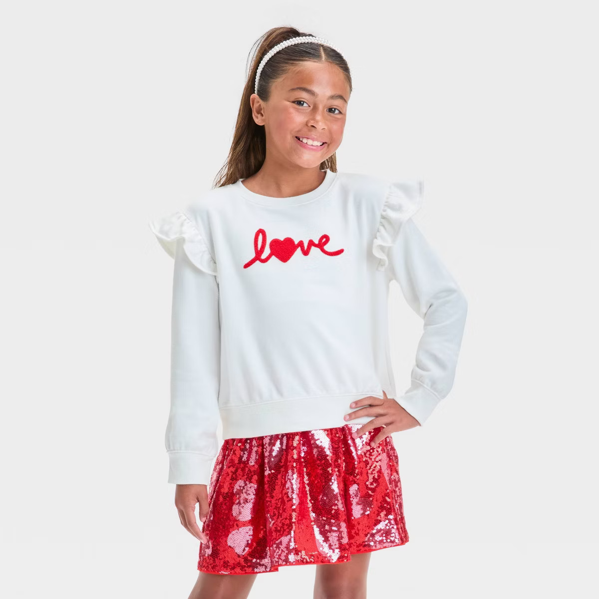 Girls' French Terry Valentine's Day Pullover Sweatshirt - Cat & Jack™ Cream L | Target