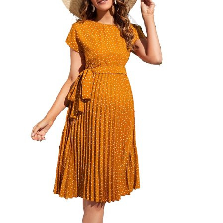 Women s Boho Polka Dot Round Neck A Line Short Sleeve Mustard Yellow Maternity Dresses S | Walmart (US)