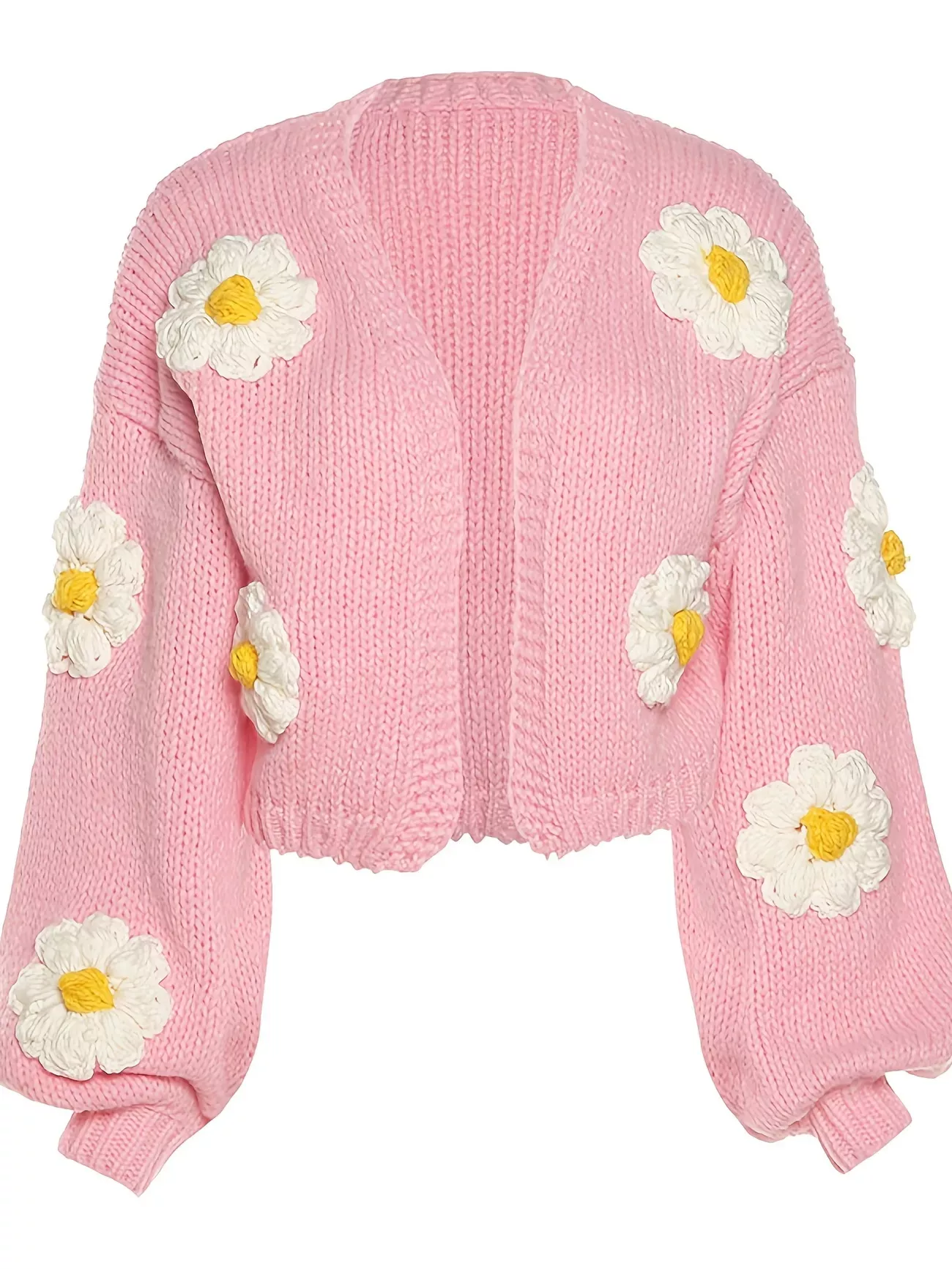 Stitch Flowers Hand-Knit Chunky Cardigan in Pink