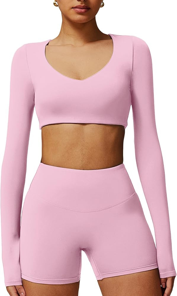 ABOCIW Women Square Neck Long Sleeve Workout Crop Top Low Medium Impact Athletic Yoga Gym Shirts ... | Amazon (US)
