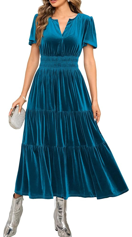 R.Vivimos Women's Fall Winter Vintage Velvet Dress Short Sleeve V Neck Elastic Waist Tiered Ruffl... | Amazon (US)