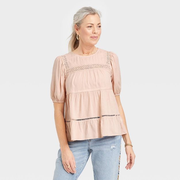 Women's Puff Short Sleeve Lace Inset Blouse - Knox Rose™ | Target