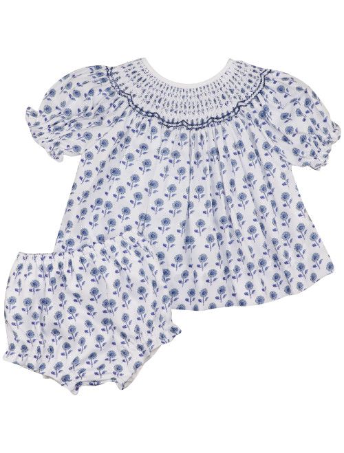 Navy And White Smocked Floral Diaper Set - Shipping Early April | Cecil and Lou