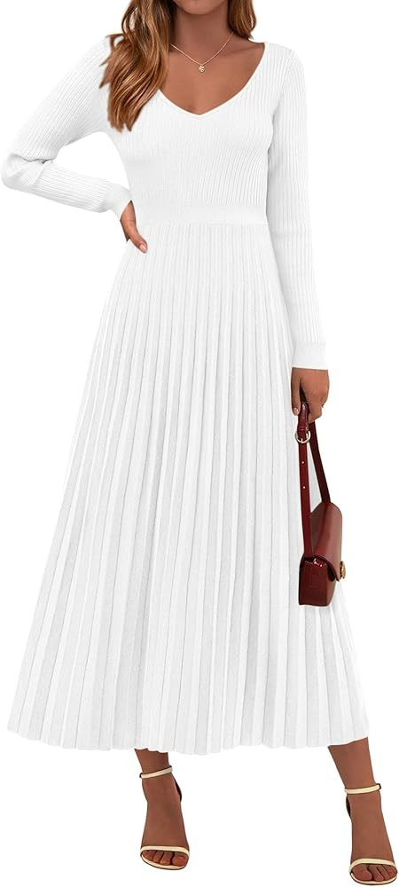 PRETTYGARDEN Women Sweater Dress Fall Fashion 2025 Long Sleeve V Neck Ribbed Knit Pleated A Line ... | Amazon (US)