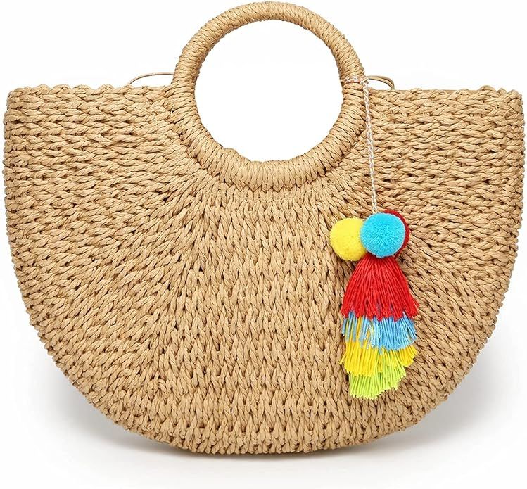 JOLLQUE Straw Beach Bag for Women, Summer Handwoven Tote Bags Purse with Tassel,Top Handle Straw ... | Amazon (US)