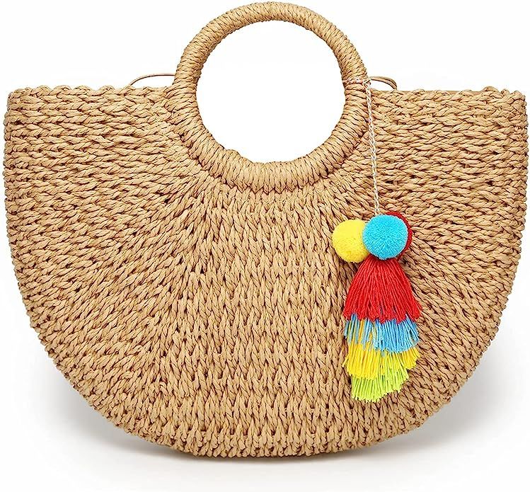 JOLLQUE Straw Beach Bag for Women, Summer Handwoven Tote Bags Purse with Tassel,Top Handle Straw ... | Amazon (US)