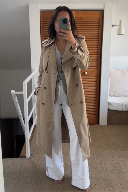 Trench and jeans are from Zara (linked on ShopMy) 
Vest: size small