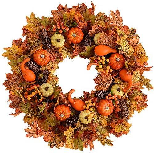 WANNA-CUL 24 inch Fall Wreath for Front Door with Pumpkin, Pine Cone,Berries, Maple Leaves, Harve... | Amazon (US)