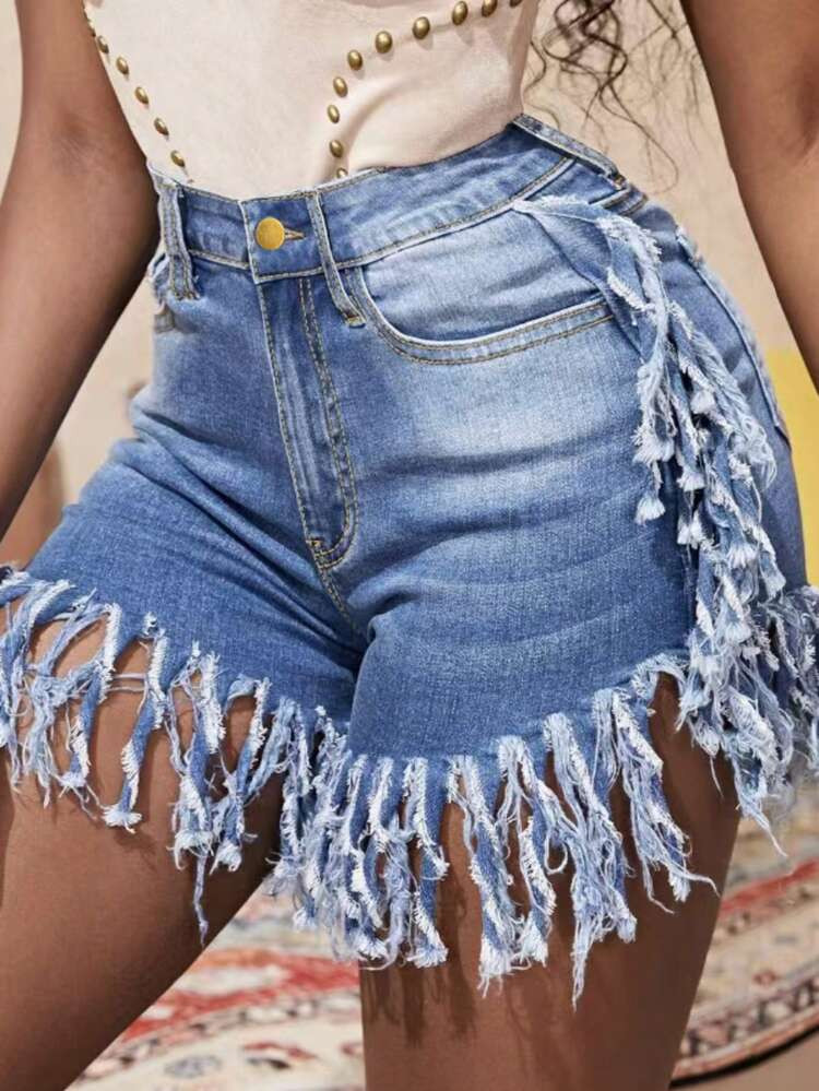 Women's Sexy Street Fashion Casual Versatile Elegant Party Festival Holiday Fringe Design Elastic Washed Denim Shorts | SHEIN