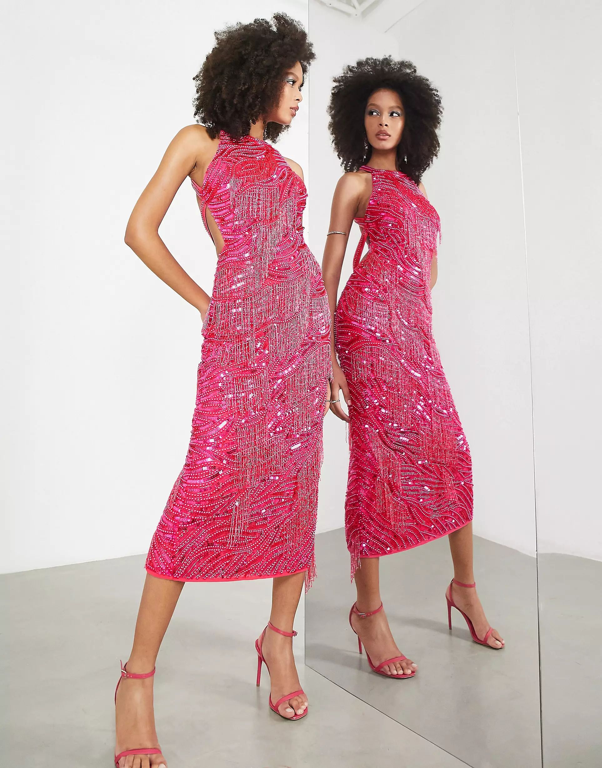 ASOS EDITION pearl and fringe halter midi dress in hot pink | ASOS (Global)