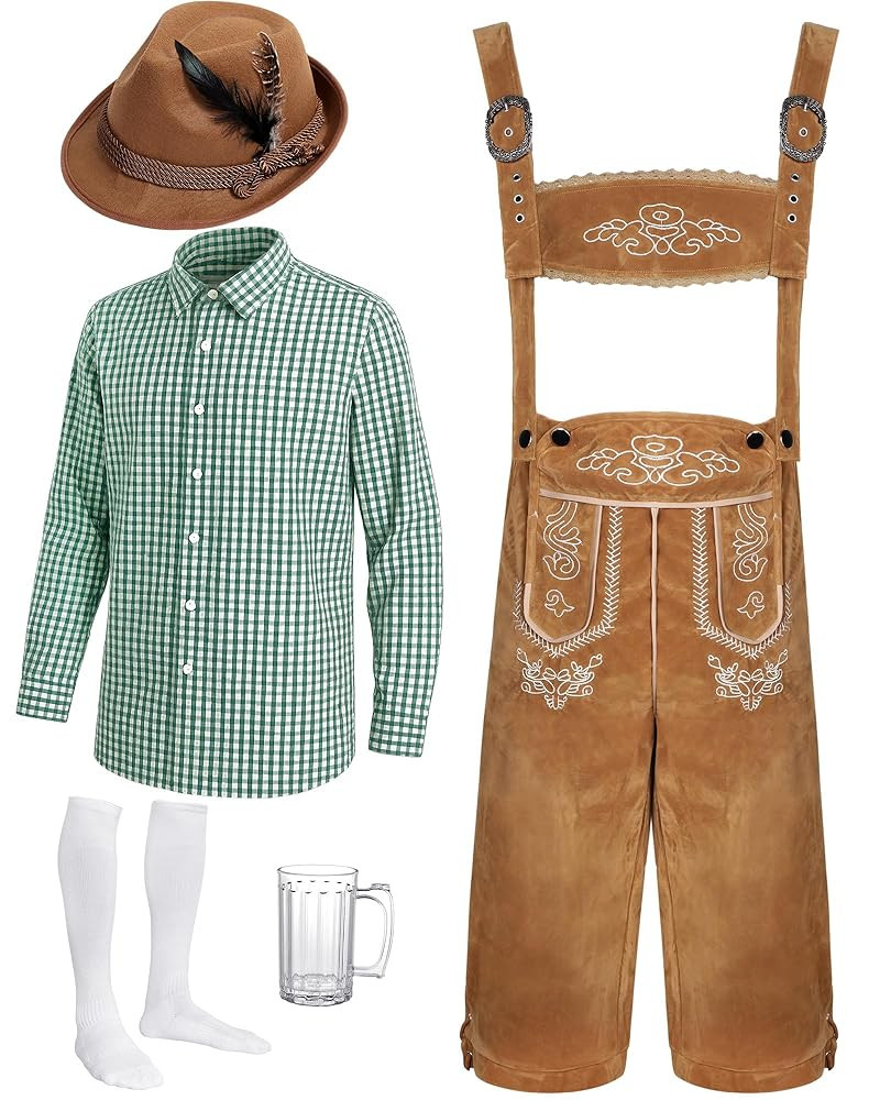 Toulite German Oktoberfest Costume Set Men Lederhosen Outfit Plaid Shirt Bavarian Hat Socks Beer ... | Amazon (US)