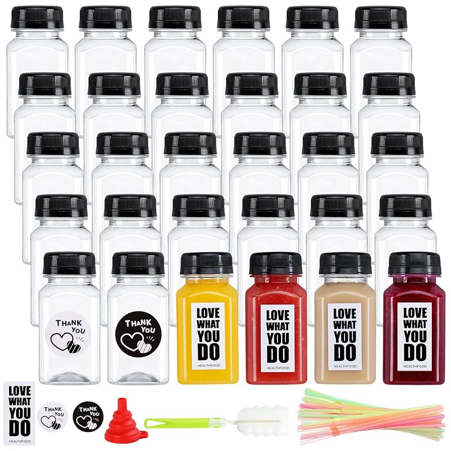30 Pack 5oz Reusable Empty Plastic Juice Bottles with Leak-Proof Caps Lids, Clear Water Bottle, R... | Amazon (US)