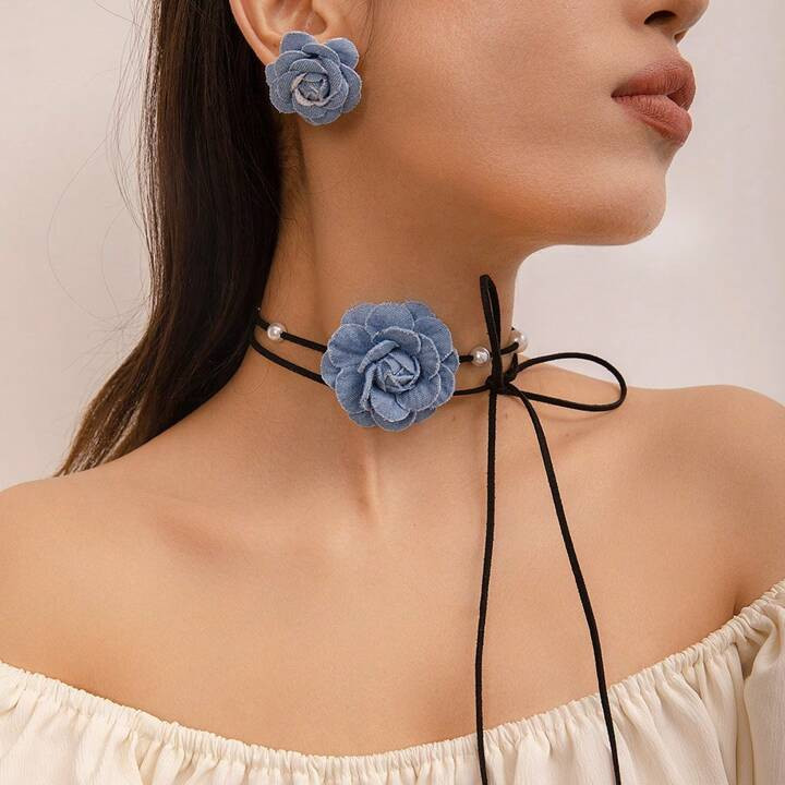 3pcs Vintage Cowgirl Style Jeans & Rose Flower Necklace Earrings Set For Women Girls | SHEIN