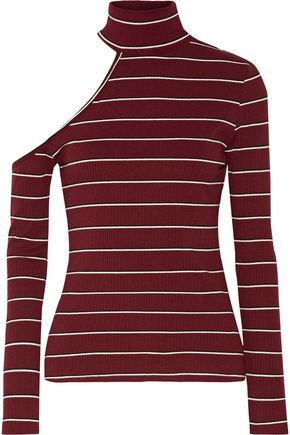 W118 By Walter Baker Woman Chrissy One-shoulder Striped Ribbed-knit Turtleneck Sweater Burgundy Size M | The Outnet US