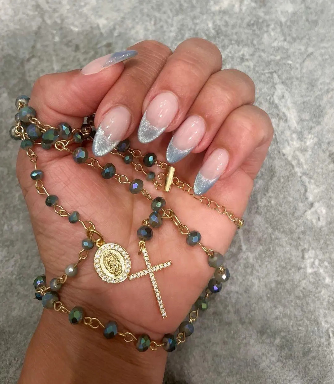 Gold CZ Cross and Miraculous Medal Layered Protection Necklace Rosary Style Crystal Beaded Chain ... | Etsy (US)