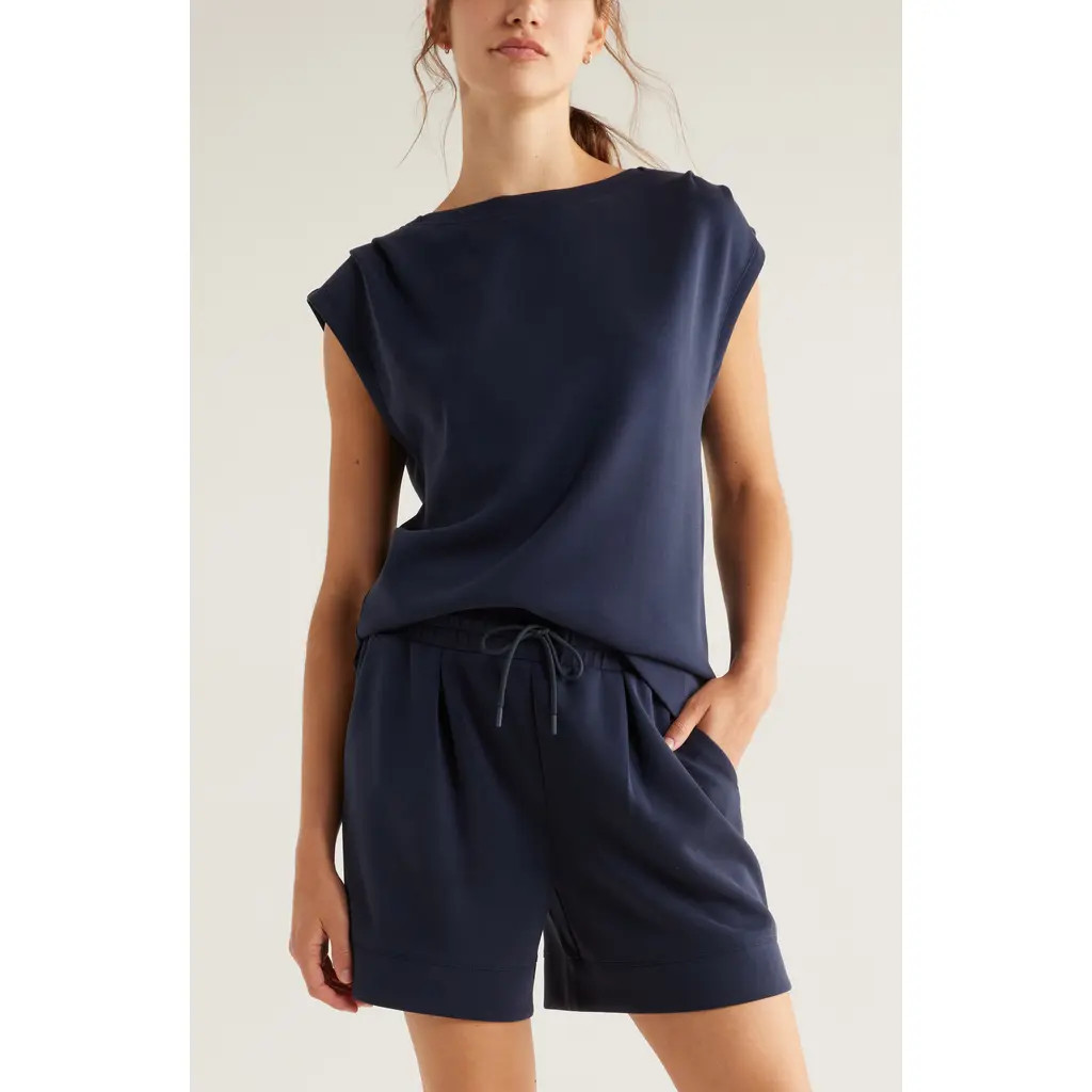 Zella Soft Luxe Knit Gathered Shoulder Top in Navy Sapphire at Nordstrom, Size Medium | Nordstrom