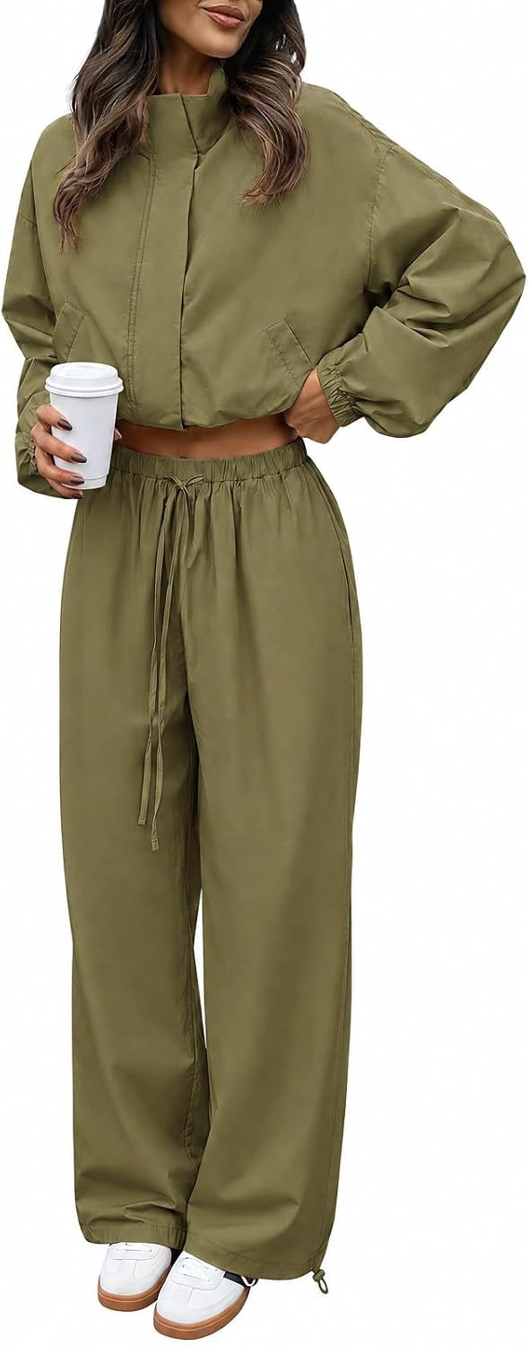 Tankaneo Womens 2 Piece Sets Fall Outfits Cropped Jacket Wide Leg Pants | Amazon (US)