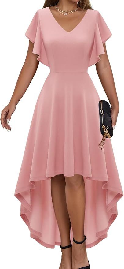 DRESSTELLS Hi Low Bridesmaid Dress for Women, Cocktail Flutter Sleeve Party Dress, Fit Flare Dres... | Amazon (US)